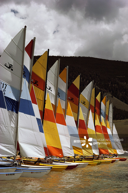 排列在海岸线上的双体船比赛图片素材