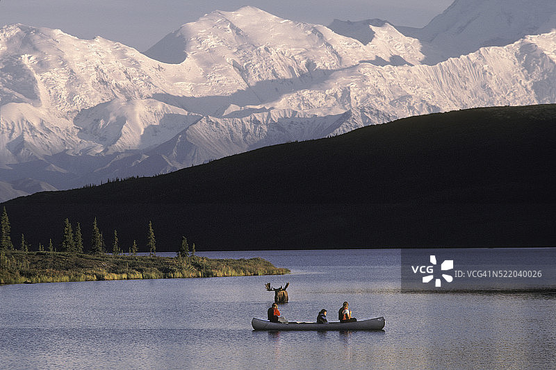 皮划艇爱好者在奇迹湖观看驼鹿图片素材