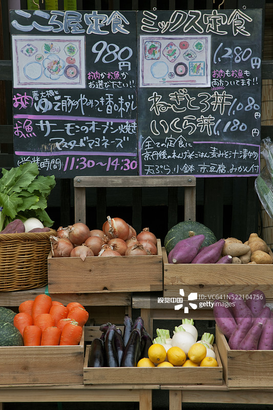 详细的外部视图显示了位于日本京都中心寺町区的传统町屋建筑Kokoraya餐厅外展示的色彩鲜艳的新鲜蔬菜图片素材
