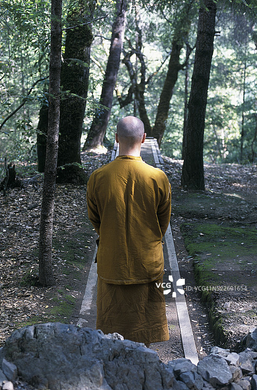 阿拜agiri寺的僧侣在森林中进行行走冥想图片素材