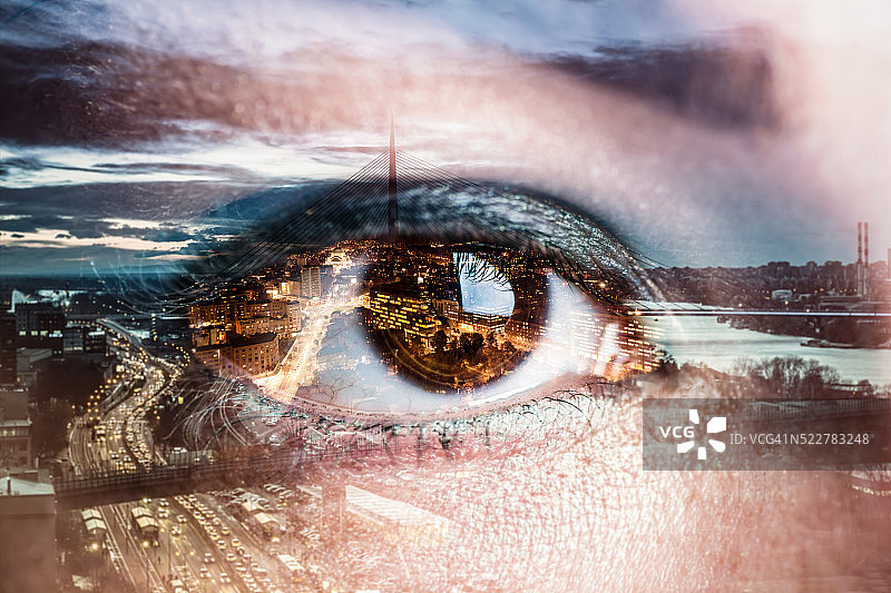 眼睛与城市景观的双重曝光图像图片素材