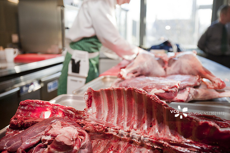 肯德尔学院当地鹿肉屠夫向餐饮学生讲解如何屠宰鹿肉。图片素材