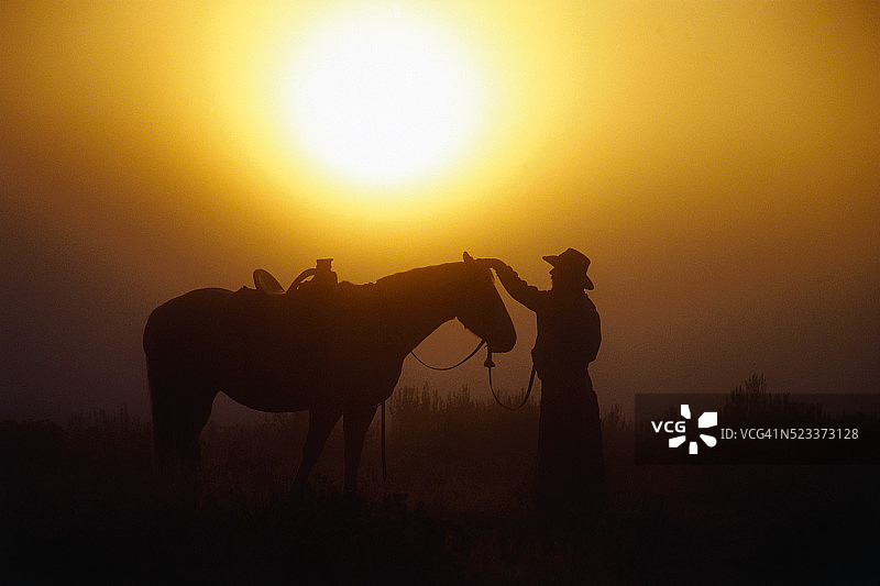 日出时分的牛仔和马图片素材
