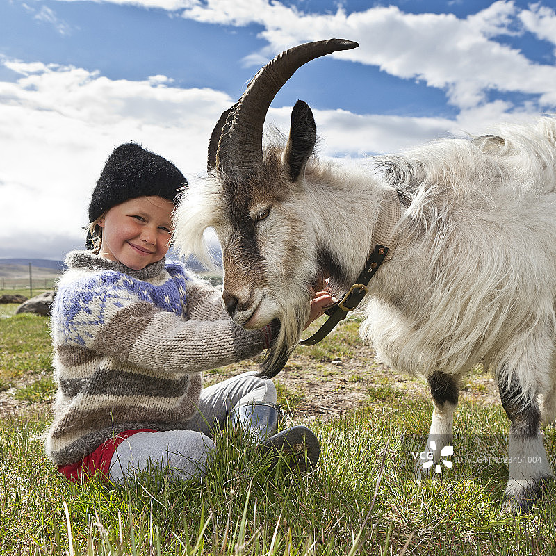 与山羊在一起的女孩，山羊农场，冰岛图片素材