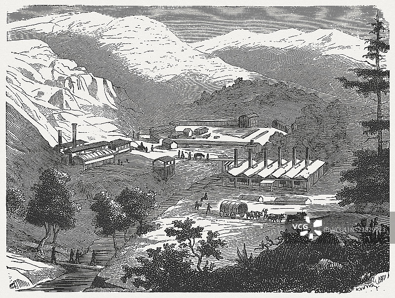 1877年美国加州新阿尔马登汞矿木版画图片素材