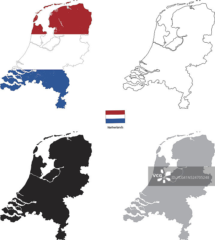 荷兰国家黑色剪影和背景上的国旗图片素材