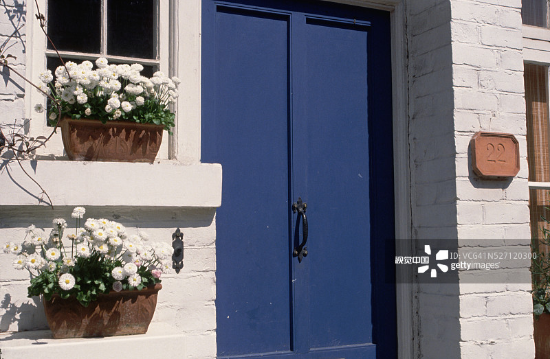 蓝色门外的花窗图片素材