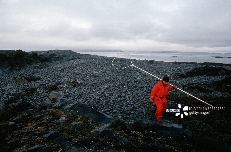在海滩上拿着渔网的男人图片素材