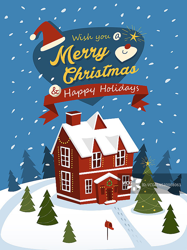 带有红色房屋的圣诞节祝福海报图片素材