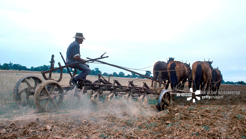 乡村农民用马拉犁耕田图片素材