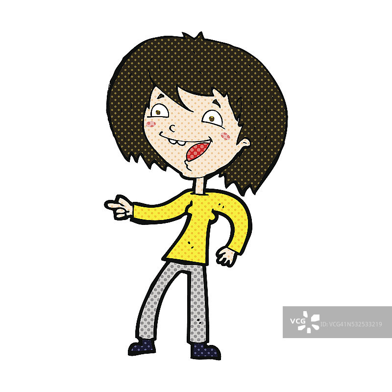 卡通漫画：女人笑着并指向图片素材