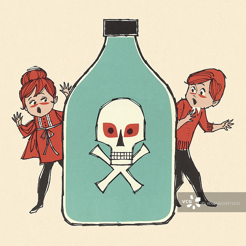 害怕的男孩和女孩与毒药瓶图片素材