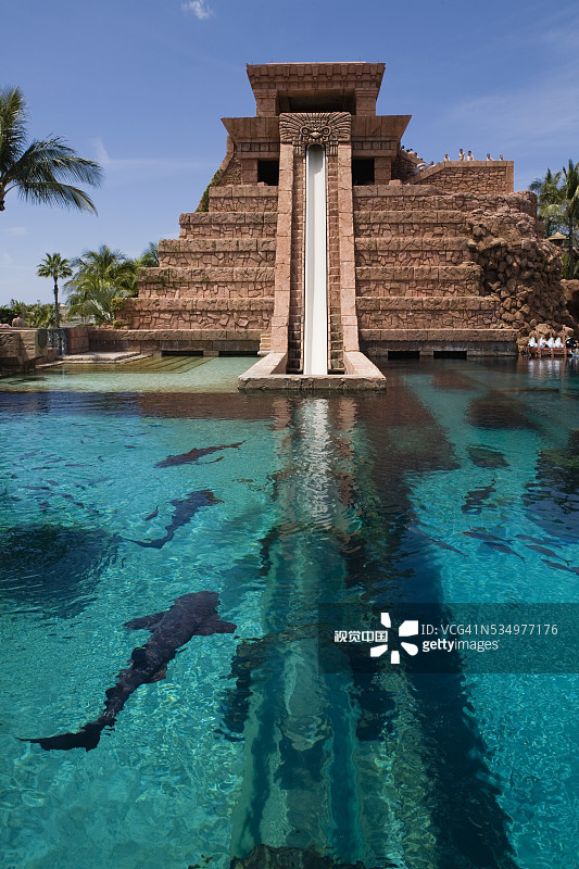 玛雅神庙水滑梯底部的水池中鲨鱼畅游图片素材