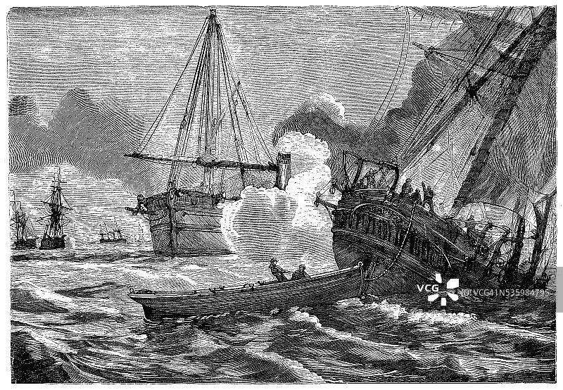 美国和英国船只战斗冲突古董插画图片素材