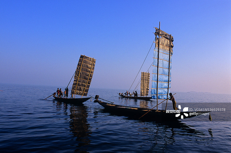 奥里萨邦奇尔卡湖上的传统帆船图片素材