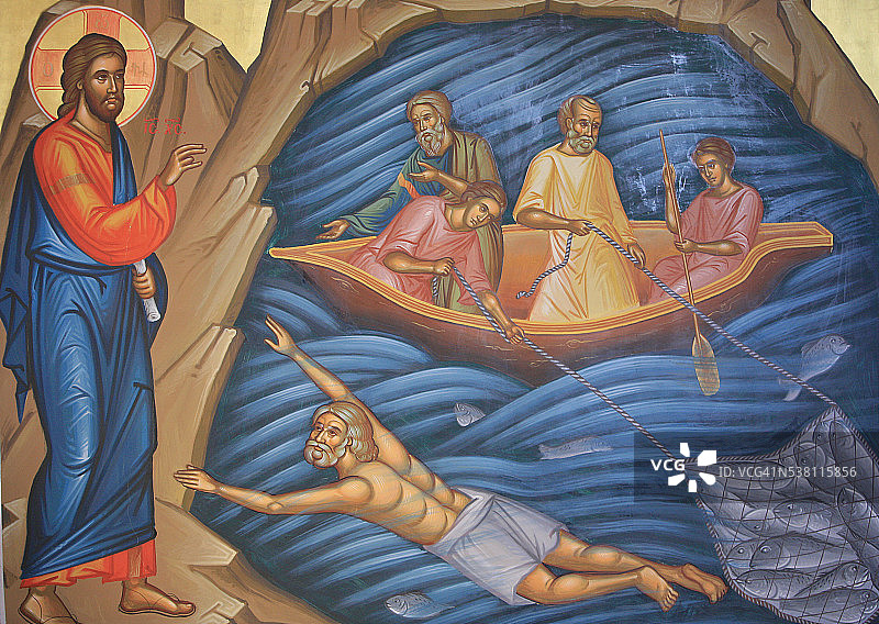 描绘鱼之奇迹的希腊东正教壁画图片素材