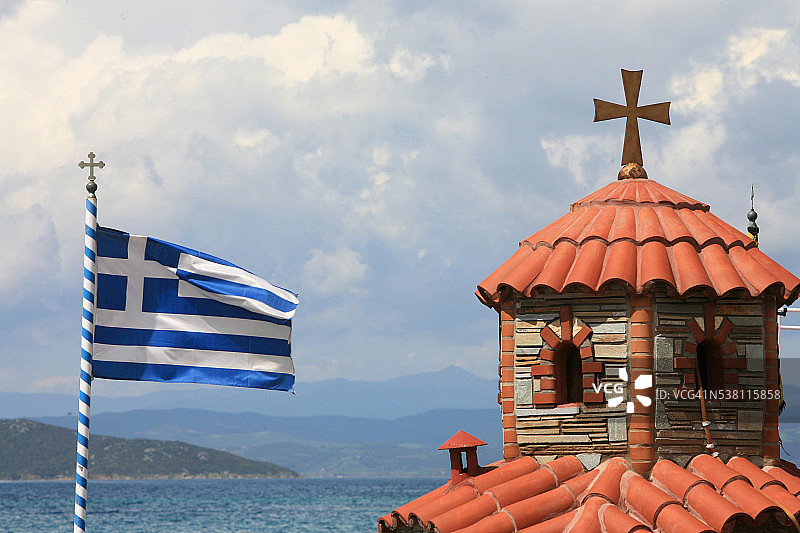 希腊国旗和东正教教堂图片素材