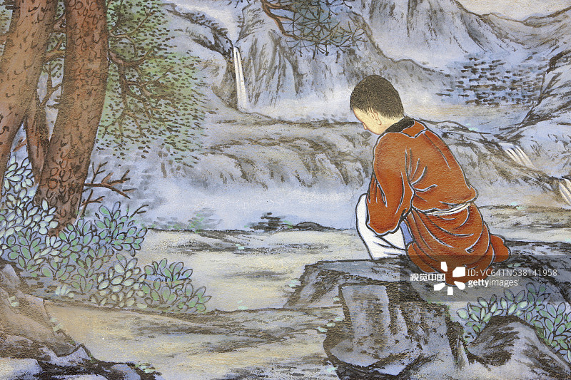 禅宗的十牛图：顿悟的阶段，牧牛人独自离去图片素材