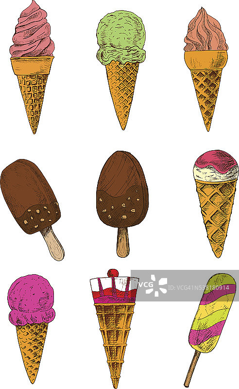 手绘冰淇淋甜筒和冰棒图片素材