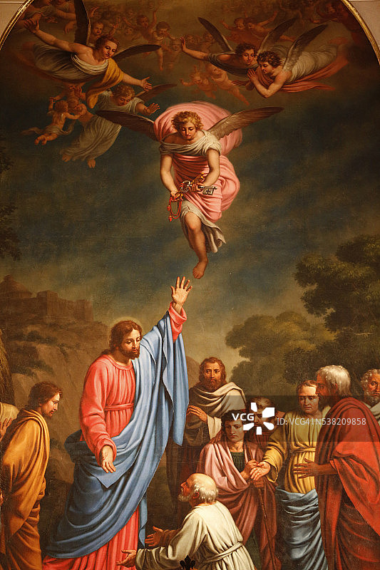 马略卡大教堂绘画：天使将圣彼得的钥匙交给耶稣图片素材