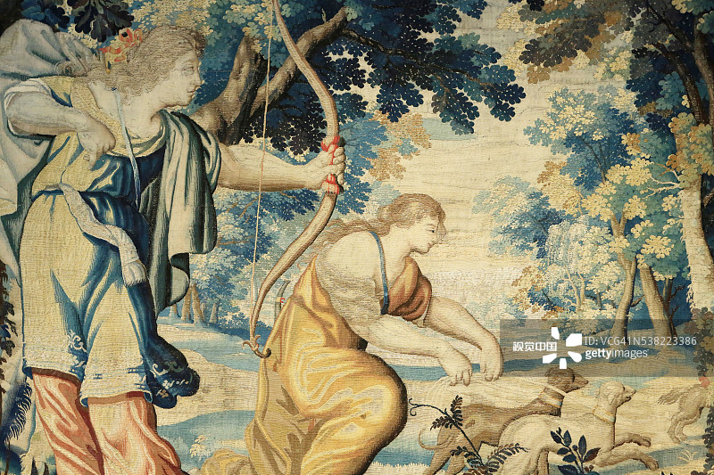 挂毯:狄安娜的历史,La Planche巴黎工作室约1630年编织的五幅挂毯之一的细节图片素材