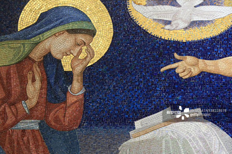 圣母玛利亚，天使报喜，鲁道夫·耶特玛（1869-1939）的马赛克作品，施泰因霍夫教堂由奥托·瓦格纳于1902年至1907年间建造图片素材