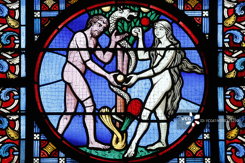 帕赖勒莫尼亚勒圣心大教堂的彩绘玻璃窗：亚当和夏娃图片素材