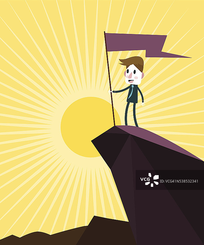 商人手持旗帜站在山顶图片素材