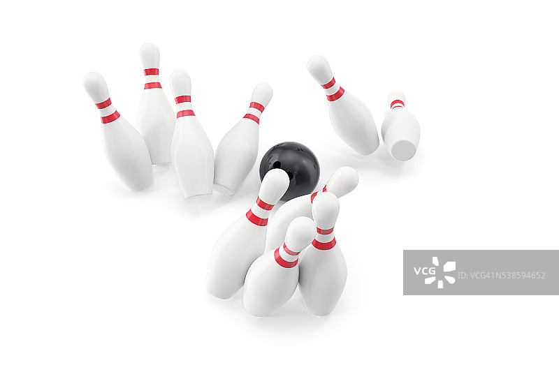 白色背景上隔离的保龄球和球瓶3D图图片素材