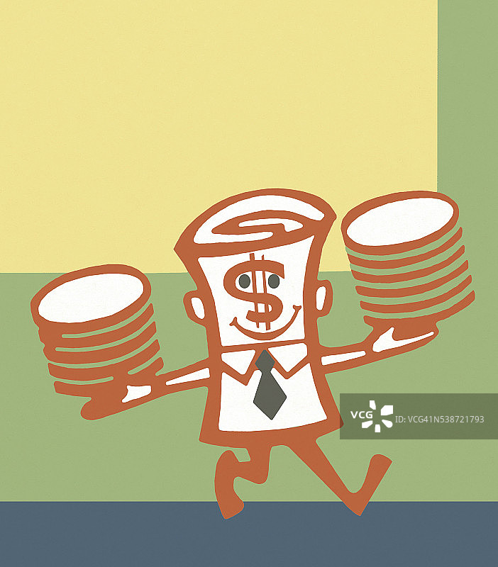 拿着硬币的美元钞票角色图片素材