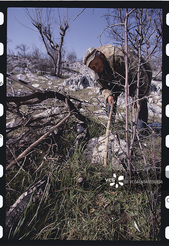 波斯尼亚排雷员探测高草图片素材