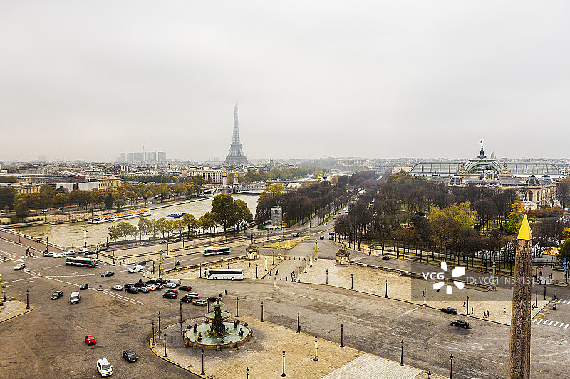 协和广场、塞纳河和埃菲尔铁塔全景图片素材