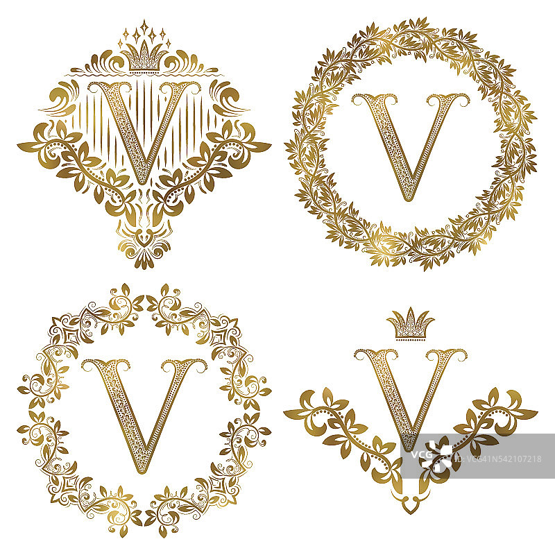 金色V字母复古花押字套装图片素材
