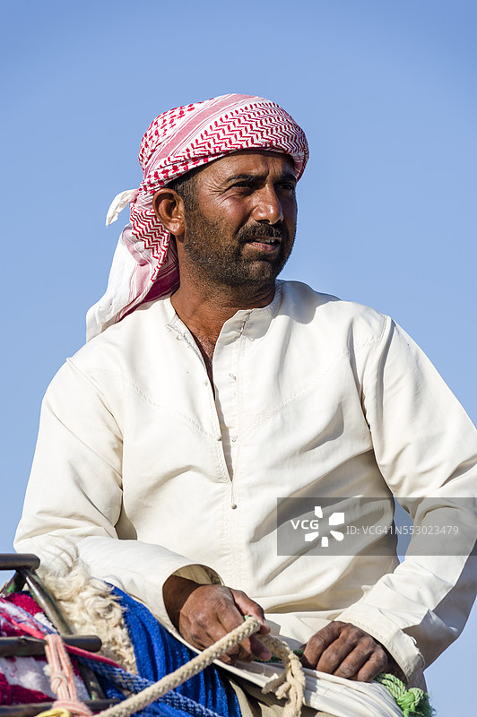 一位骆驼牧民带领他的赛骆驼穿越沙漠平原，前往赛马嘉年华。图片素材