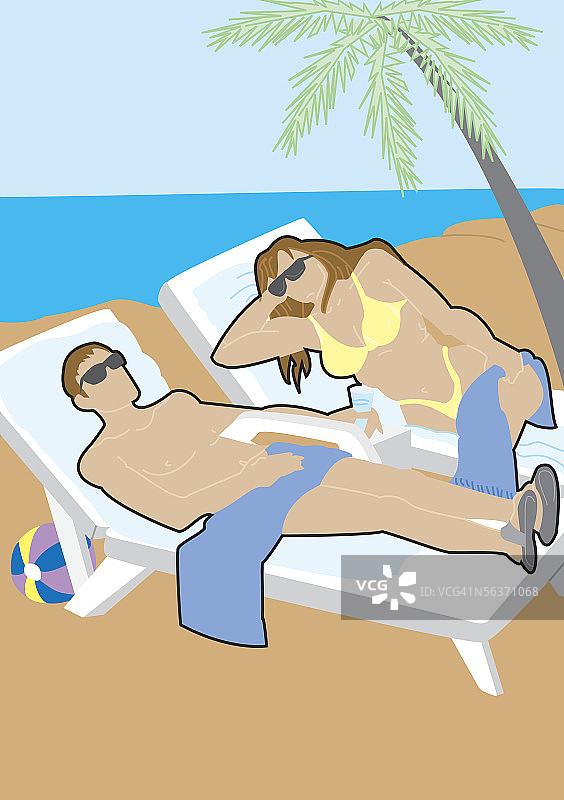 情侣躺在沙滩上的躺椅上图片素材