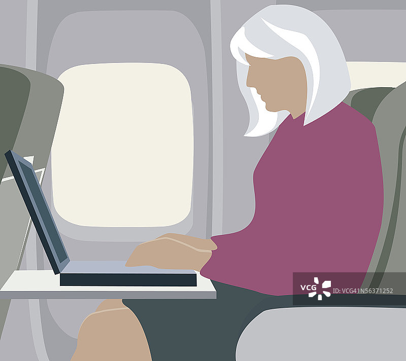 在飞机上用笔记本电脑工作的女商人图片素材