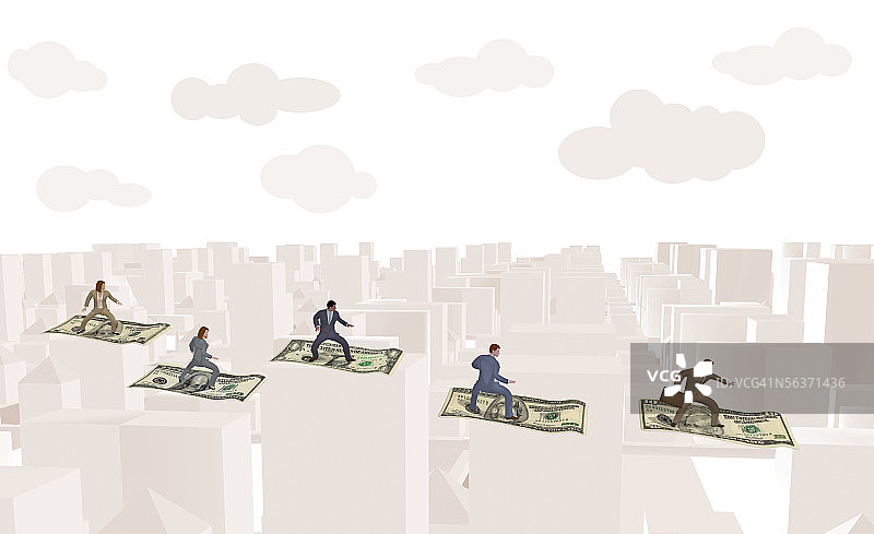 站在飞舞货币上的五位商务高管俯视图图片素材