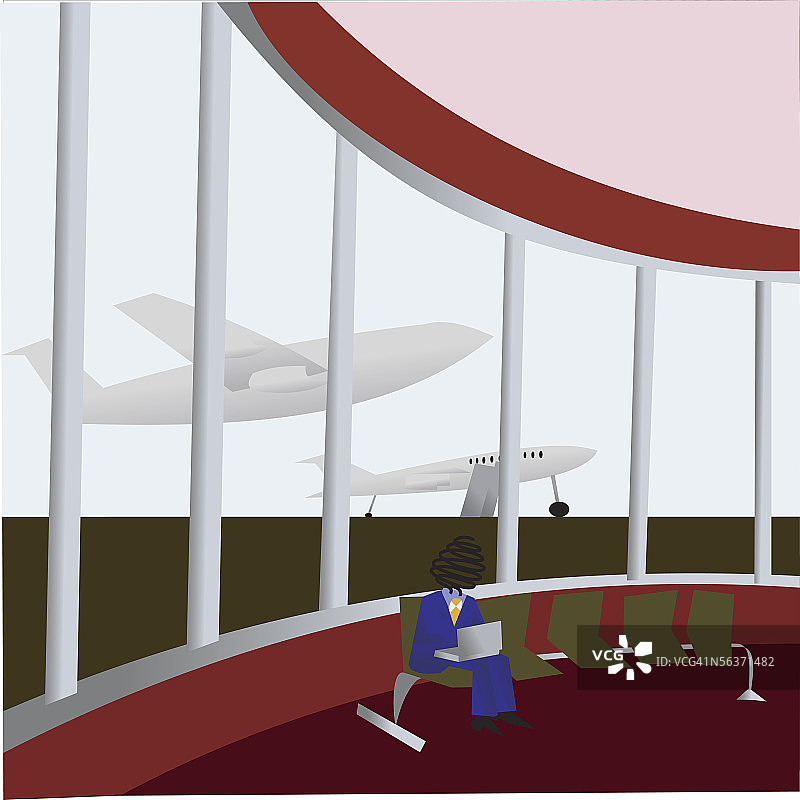 坐在机场休息室使用笔记本电脑的商人图片素材