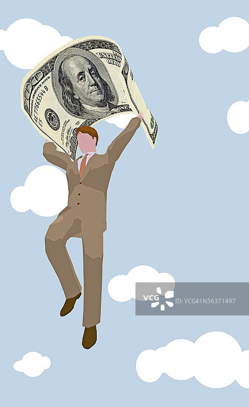 仰视拿着美元飞翔的商人图片素材