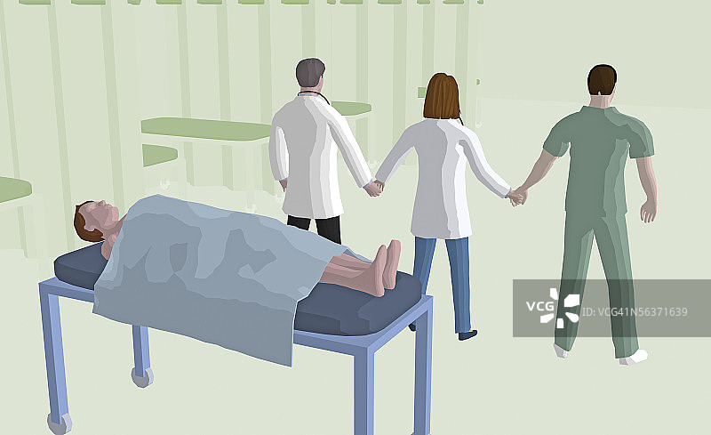 三位医生在病人身后手牵手的后视图图片素材