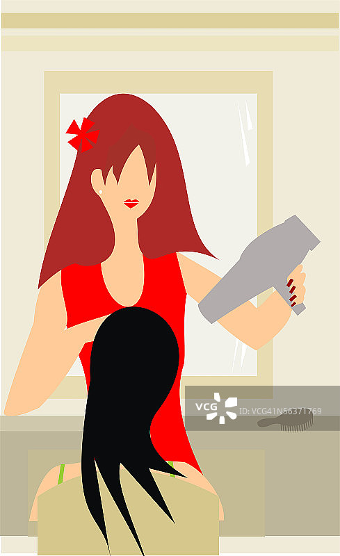 女人为另一个女人吹干头发图片素材