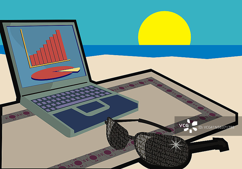 沙滩上的太阳镜和笔记本电脑特写图片素材