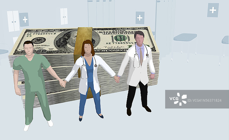 三位医生在成捆的钱面前手牵着手俯视图图片素材