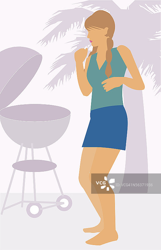 站在烧烤架旁的女子侧面照图片素材