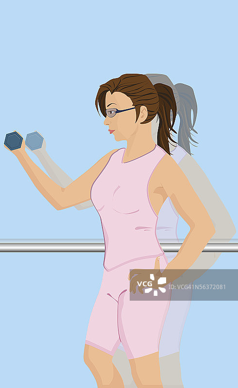 女人用哑铃锻炼的侧面轮廓图片素材