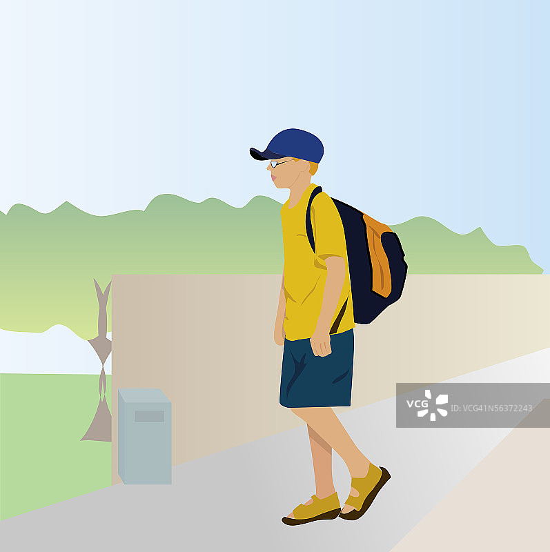 青少年男孩背着背包行走的侧面轮廓图片素材