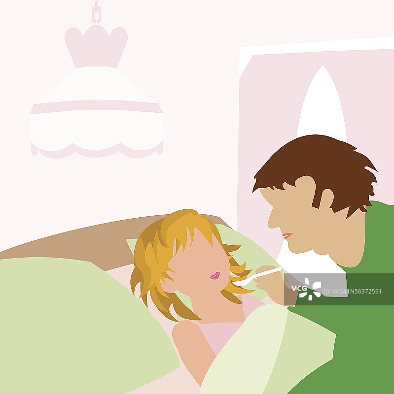 父亲在床上给女儿喂药的侧面像图片素材