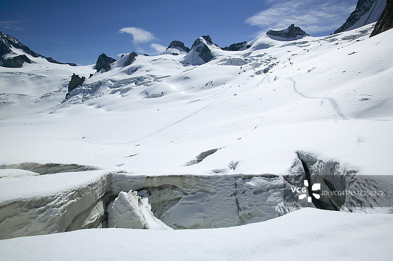 在法国霞慕尼梅尔德格拉斯冰川上穿越瓦莱布兰奇图片素材
