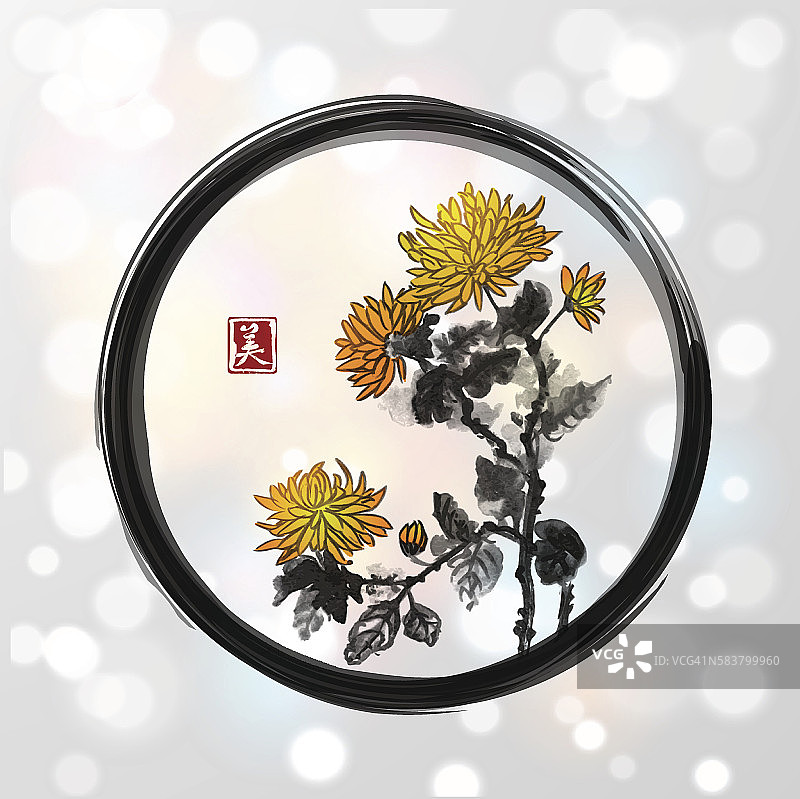 白色光晕背景上的黑色圆形菊花图案图片素材