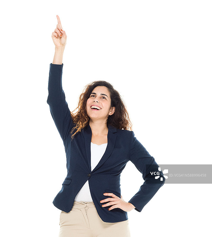 向上指的快乐女商人图片素材